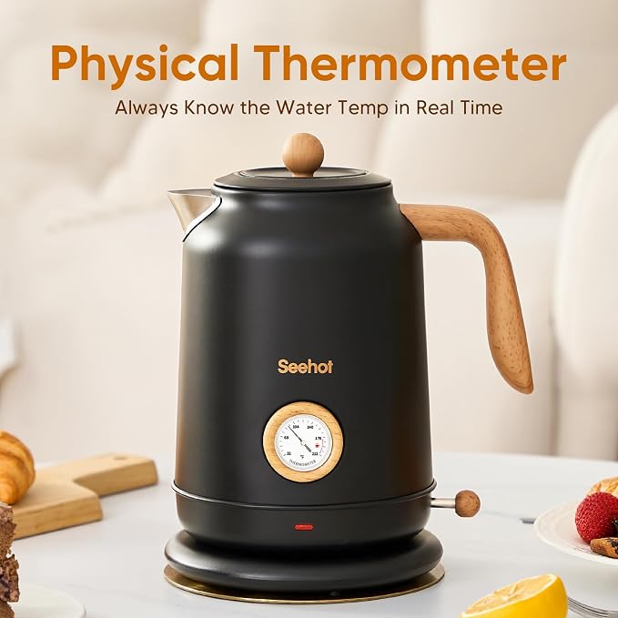 Seehot® Electric Kettle With Thermometer, 1.7L 1200W, Black | Auto shutoff, boil-dry protection,water-contact stainless steel, cordless base for coffee and tea
