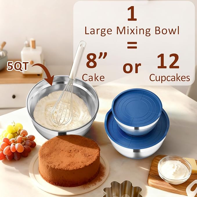 9 Pack Mixing Bowls with Airtight Lids & Grater Attachments, Blue | Stainless Steel Bowl, Non-slip Bases, Nesting Kitchen Bowl, Size 5, 4, 3, 2, 1.5,1QT,for Food Prep, Baking, Storage & Serving