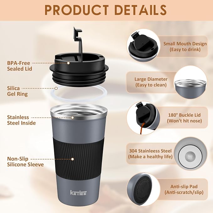 KETIEE Travel Coffee Mug Spill Proof 12oz, Insulated Reusable Coffee Cups with Seal Lid, Vacuum Stainless Steel Travel Mug to Go Car Tumbler for Hot/Iced Drinks (Grey)