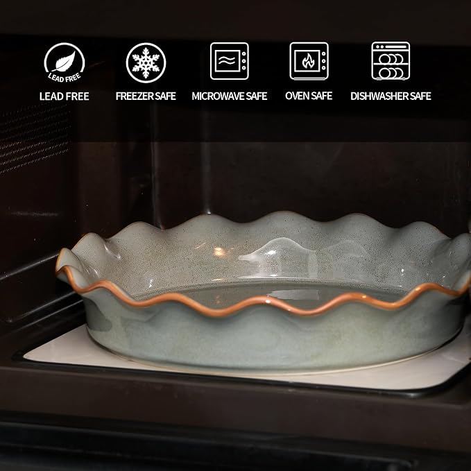 Ceramic Pie Pan for Baking[10.5 inch],Reusable NonStick Ceramic Baking Dish | Reusable NonStick Ceramic Pie Plate with Ruffled Edge,Deep and Fluted Pie Dish for Apple Pie,Quiche,Pot Pie, Tart, etc（Green）
