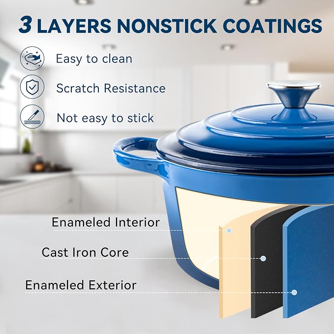 Miereirl 6 Quart Enameled Dutch Oven Pot with Lid, Cast Iron Dutch Oven with Dual Handles for Bread Baking, Cooking, Non-stick Enamel Coated Cookware (Dark Blue)