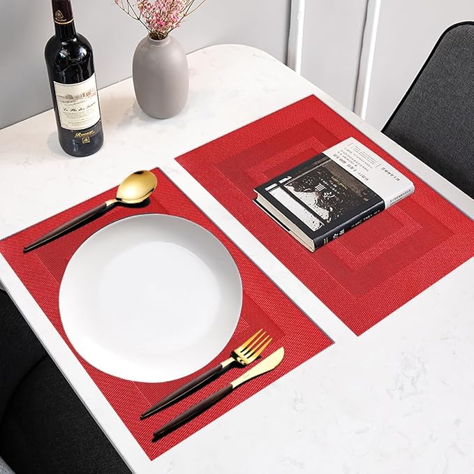 PIGCHCY Vinyl Placemats Set of 12 Washable Durable Kitchen Easy to Clean Plastic Placemats for Dining Table (Passionate Red)