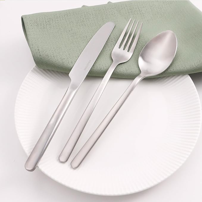 40 Piece Silverware Set, Flatware Set for 8, 18/10 Stainless Steel Cutlery Set Mirror Polished Modern Design Dishwasher Safe, Matte Silver