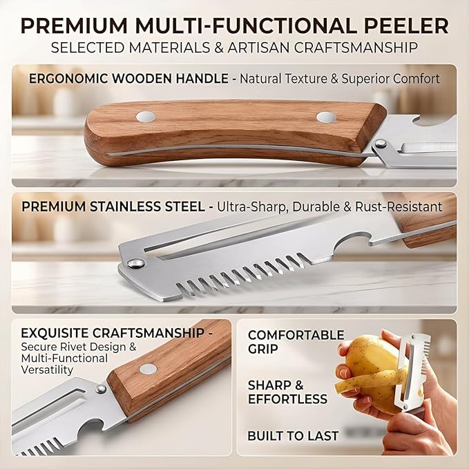 Vegetable Peeler for Kitchen – Multifunctional Stainless Steel Peeler with Wooden Handle & Bottle Opener, Durable for Fruits and Vegetables
