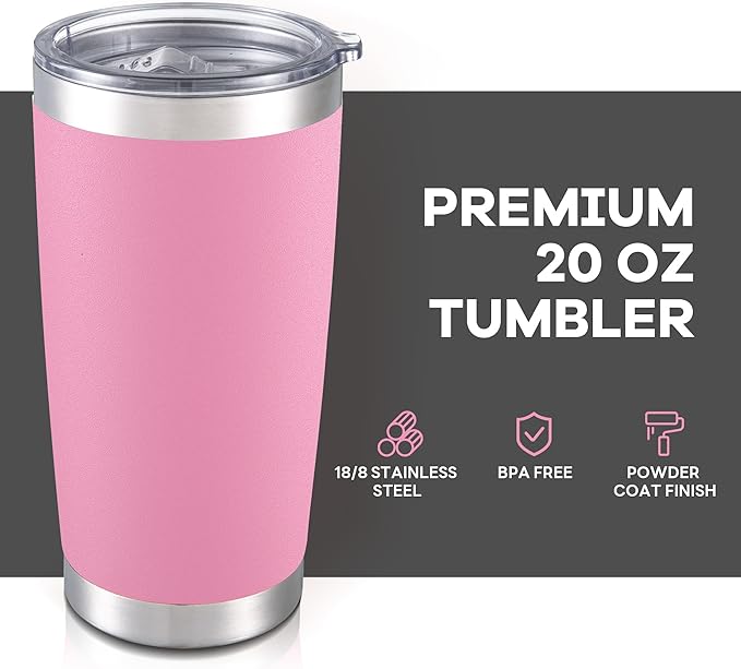 20 oz Tumbler with Lid Stainless Steel Insulated Tumblers Cups Travel Mug | Double Wall Vacuum, Powder Coated, Keep Drinks Cold and Hot, Waterproof Lid, Fit of Car Cup Holders, Pink