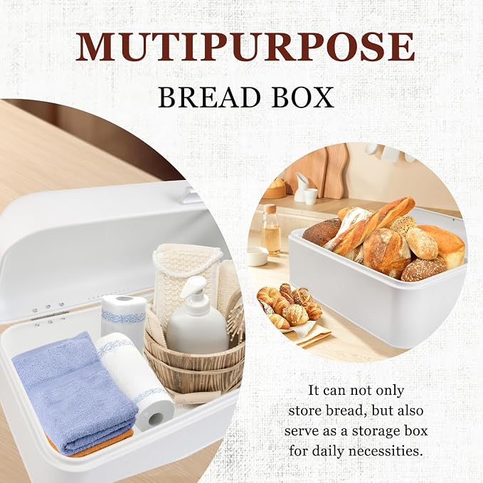 ENLOY Extra Large White Bread Box for Countertop, Stainless Steel Bread Storage Bin, Vintage Bread Box, Large Capacity Bread Keeper Holds Large Loaves