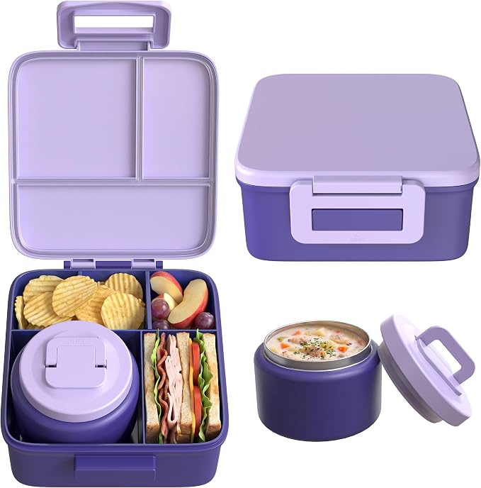 MAISON HUIS Bento Lunch Box with 8oz Soup Thermo, 5-Compartment Leak-Proof Container, Thermo Hot Food Jar and Insulated Lunch Bag, BPA Free,Travel, School (Purple)