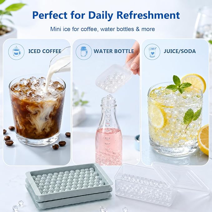 Mini Ice Cube Trays with Lid & Bin, Tiny Pebble Ice Balls for Coffee | Make 208 Mini Ice Balls with 2 Trays, Easy Release, Stackable, Scoop Included, for Iced Coffee, Drinks and Daily Use