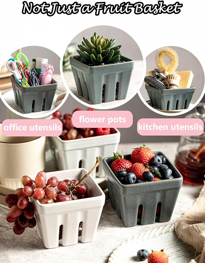 Gomakren Berry Bowl Set of 2, Ceramic Berry Basket, Square Fruit Bowls with Holes, Fruit Storage Containers for Kitchen Fridge, Cute Strawberry Basket for Berries, Grape, Cherry, Slate Blue