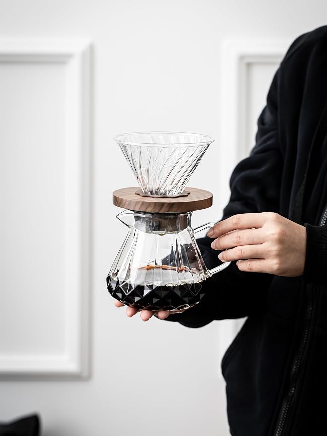 Pour Over Coffee Maker 24 oz/700 ml, Pour Over Coffee Dripper with 40 Filters, Borosilicate Glass Carafe, Walnut Handle, Lid, Clear, For Home Café Camping (24 OZ/700 ML)