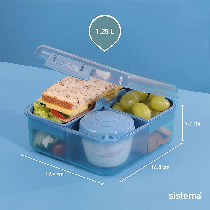Sistema Ocean-Bound Plastic 1.25L Bento Box, Airtight & Stackable, School Lunch Box with 150mL Snack Pot, Freezer, Microwave, & Dishwasher-Safe, BPA-Free, Made with Recycled Plastic, Assorted Colors
