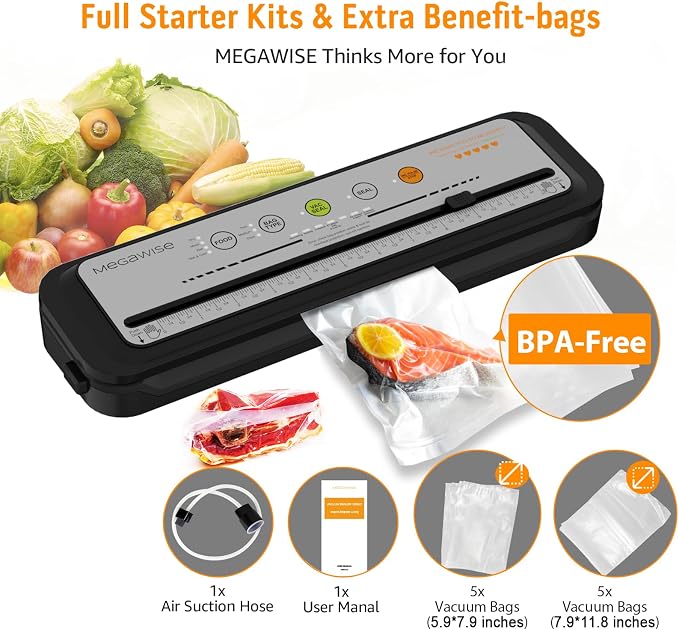 Updated Vacuum Sealer Machine 2025, MEGAWISE Food Sealer w/Starter Kit, Dry & Moist Food Modes, Compact Design with 10 Vacuum Bags & Built-in Cutter (Grey)