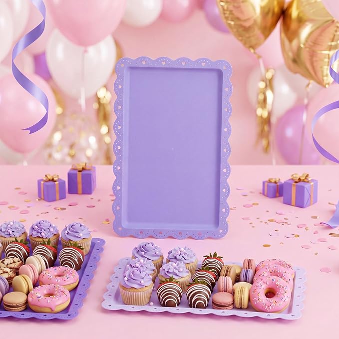 6 Pcs Purple Serving Trays Plastic Platters Dessert Cupcake Holder Party Supplies 14.4 x 9.3 Inches Rectangular Cookie Snack Display Tray for Wedding Restaurant