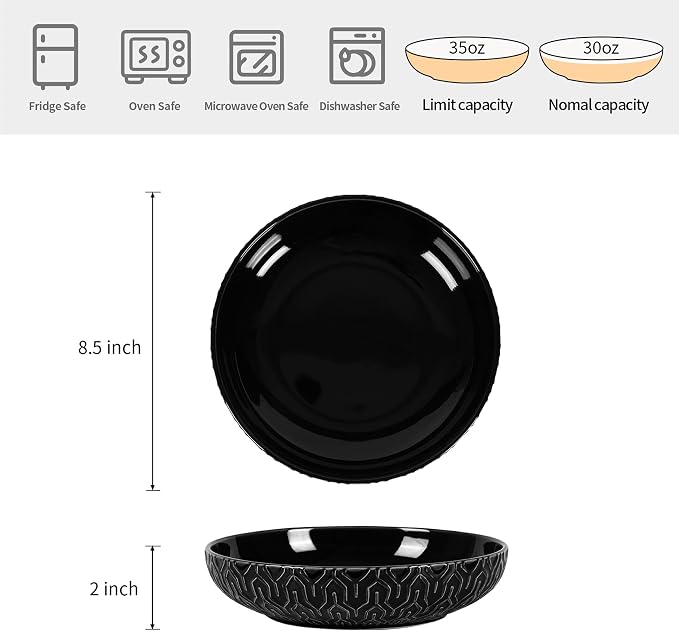 Sureasy Pasta Bowls Set of 4, 30oz Large Embossed Salad Bowls, 8.5 Inch Wide and Shallow Plate Bowls, Salad Bowl, Microwave, Oven & Dishwasher Safe, Black