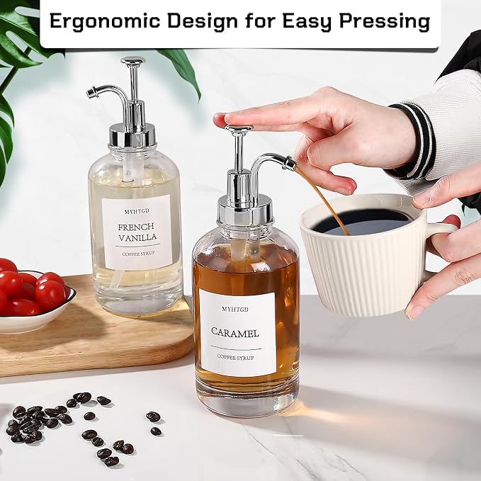 Coffee Bar Accessories,MHDCLY Coffee Syrup Dispenser - 4pack,16.9 oz Syrup Dispenser with Labels,Syrup Pump Dispenser for Coffee Bar(Silver Pump)