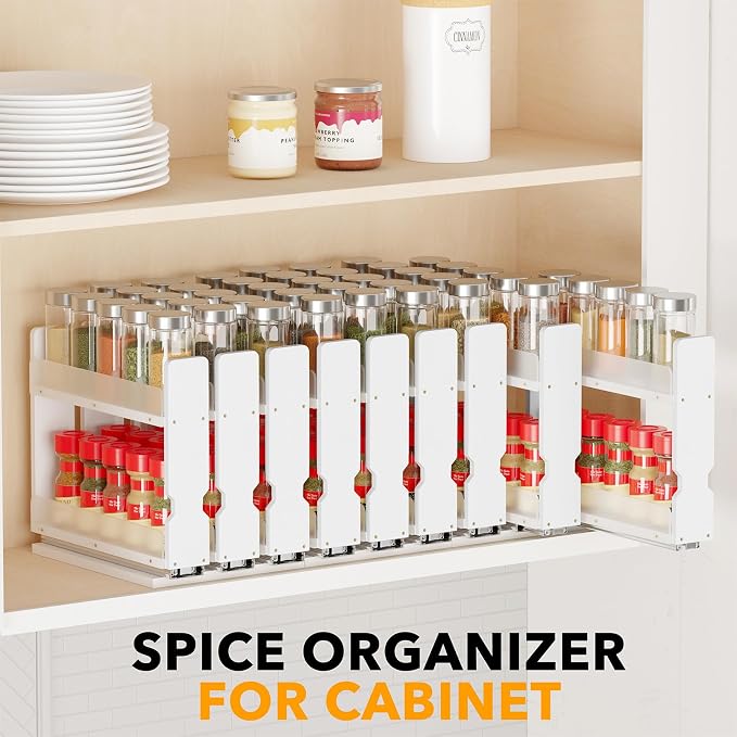 SpaceAid Bamboo Pull Out Spice Rack Organizer for Cabinet, Heavy Duty Slide Out Seasoning Kitchen Pantry Sliding Vertical Organization, 7.6" Wide, 3 Drawers(2" Wide), 2-Tier, White