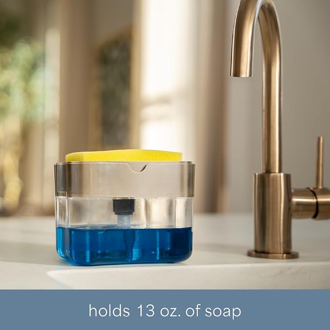 S&T INC. Dish Soap Dispenser and Sponge Holder, Metallic Silver | Holds 13 Fluid Ounces, Sponge Included, Anti-Slid Feet, Push to Dispense Perfect Amount of Dish Soap
