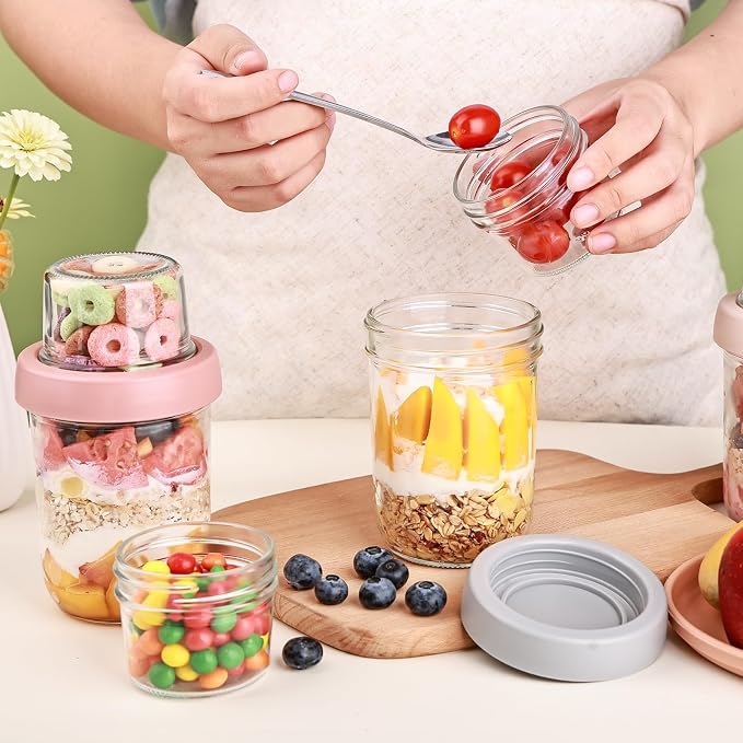Wells 6 Pack Overnight Oats Containers with Lids, 16 OZ Dual Layer Yogurt Containers with Dry and Wet Separation, Airtight Leak Proof Oatmeal Jar for Chia Pudding, Breakfast, Cereal