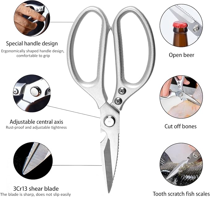 8.5”Kitchen Shears for Food Chef Scissors Heavy Duty Culinary Scissors | Heavy Duty, Large Handle, Ultra Sharp Serrated Blade, Cutting Poultry Bones, Scraping Fish Scales, Open Beer, Multifunctional