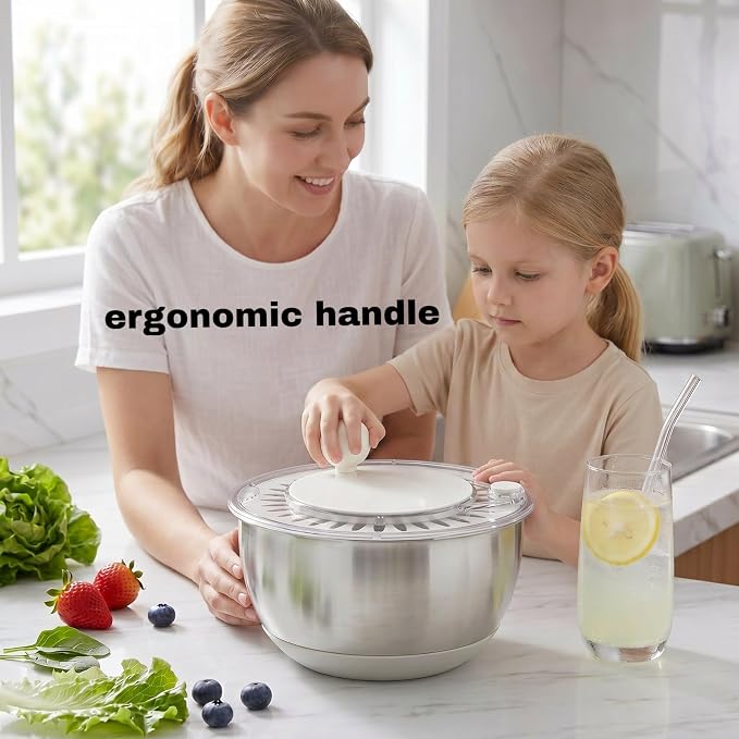 Salad Spinner Dishwasher Safe Stainless Steel Salad Spinner, 5.3 Qt Vegetable Washer, Lettuce Spinner with Non-Slip Base and Stop Button, Transparent Lid & Drainage Hole
