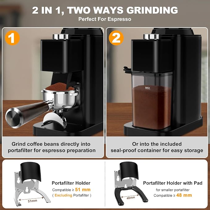binROC Electric Conical Burr Coffee Grinder with Portafilter Holder, Black | 48 Grind Settings, 35s Timer, Anti-Static, Easy Clean, Low Noise with Overheat Protection for Espresso, Drip & French Press