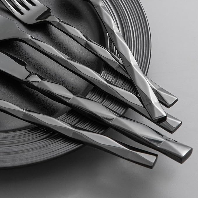 Black Silverware Set, Luxury 40 Piece Flatware Set for, 18/10 Stainless Steel Cutlery Set with Diamond Cut Pattern for Kitchen, Home, Wedding, Party, Mirror Polished and Dishwasher Safe