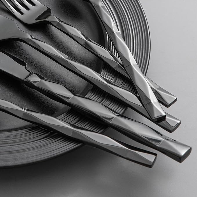 20 Piece 18/10 Black Silverware Set, Stainless Steel Flatware Cutlery for 4 | KINGSTONE Luxury Silverware with Diamond Cut Pattern, Mirror Polished Utensils for Kitchen, Wedding, Party, Dishwasher Safe