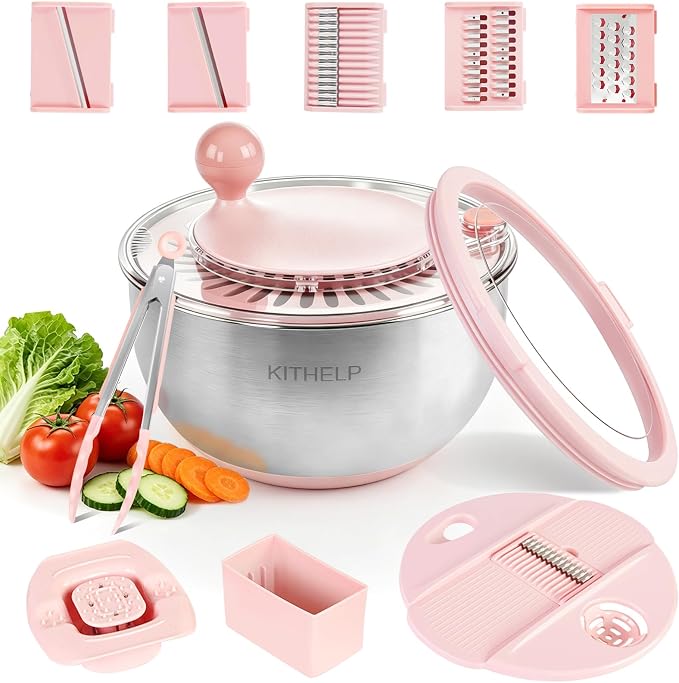 Stainless Steel Salad Spinner Large, Vegetables Fruits Wash Bowl with Strainer, Lettuce Spinner Dryer with Lid and 5 Blades Slicer, Egg Yolk Strainer, Shredder for Efficient Salad Preparation 5.3Qt