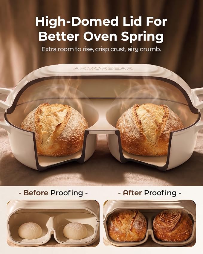 Mini Double Dutch Oven for Sourdough, Enameled Cast Iron Bread Pan, White | Double Loaf Bread Pan with Lid, Mini Sourdough Dutch Oven for Bread Baking