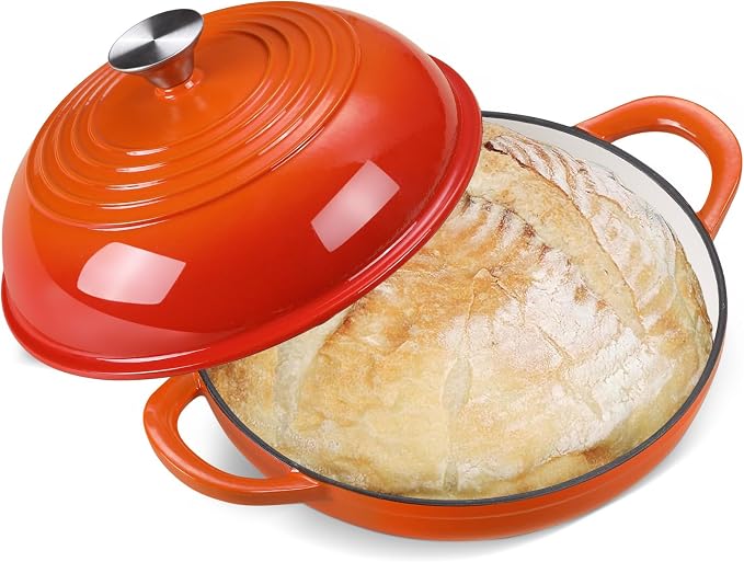 6 QT Enameled Cast Iron Round Bread Oven, Sourdough Dutch Oven | Bread Oven for Homemade Sourdough Bread Baking, Bread Pot with Dome Lid, Gifts for Sourdough Bakers, 500°F Oven Safe, Orange