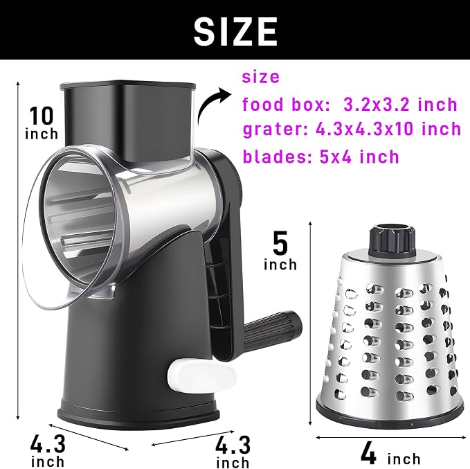 Weltonhm 4 in 1 Large Rotary Cheese Grater Hand Crank (Black 4 Graters) | Cheese Shredder Rotary and Slicer with 4 Stainless Steel Blades for Vegetables, Veggie and Cheese, Stronger Suction Base