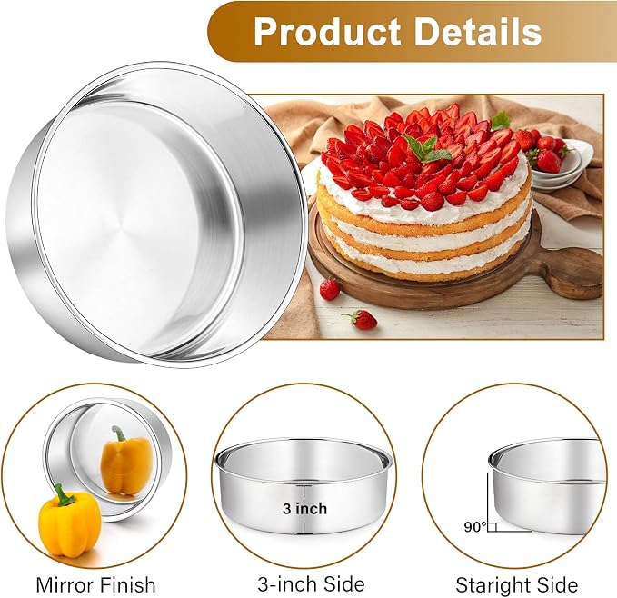 P&P CHEF 8 Inch Cake Pans Set, 3Pcs Stainless Steel Round Baking Pan | Round Layer Cake Tins for Birthday Wedding, Non Toxic & Heavy Duty, 3 Inch Deep Side & Mirror Finish, Oven & Dishwasher Safe
