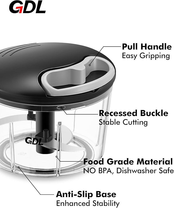 GDL Food Chopper, Vegetable Chopper, Pull String Onion Chopper Dicer, 800ML | Manual Chopper Dicer for Oinon, Garlic, Nut, 420 Stainless Steel Blade, Dishwasher Safe, Fast Cutting, Anti-Slip Base, No BPA