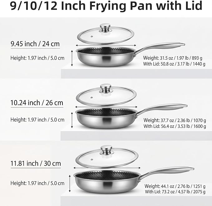 GPY 12 Inch Non Stick Frying Pan with Lid, 316L Stainless Steel Frying Pan | Skillet with Honeycomb Surface Compatible with All Cooktops, Dishwasher Safe & Oven Safe PTFE & PFOA FREE Kitchen Cookware
