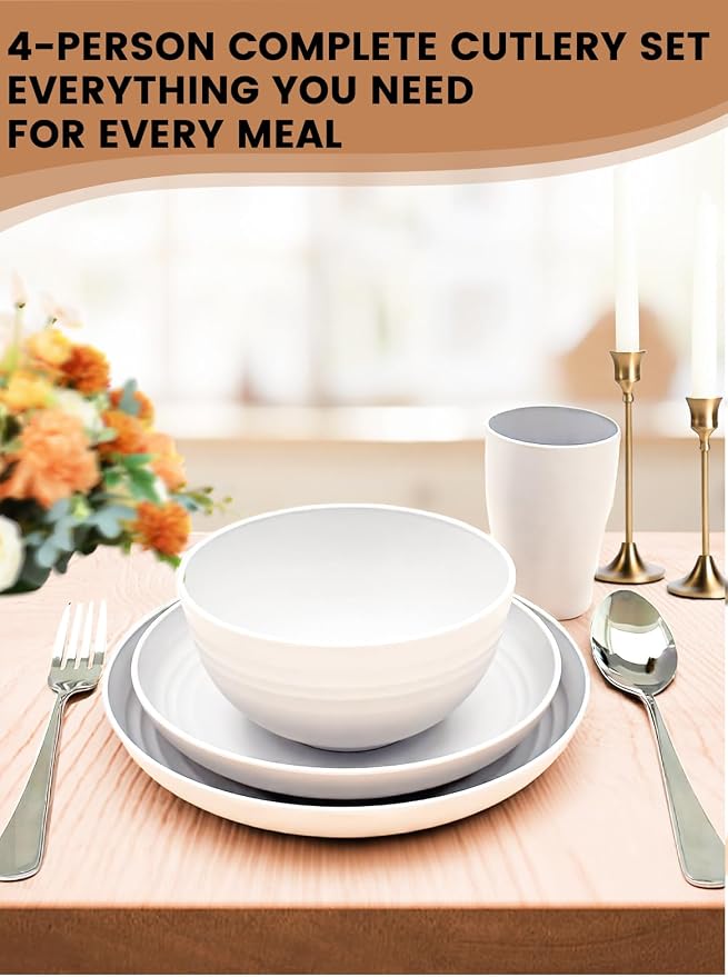 24 Pcs Wheat Straw Dinnerware Set- Picnic & Camping- Unbreakable & Reusable- Includes 4x 9in Plates, 4x 8in Plates, 4x 6in Bowls, 4 Cups, 4 Stainless Steel Forks and Spoons- Kitchen, Dorm, Office
