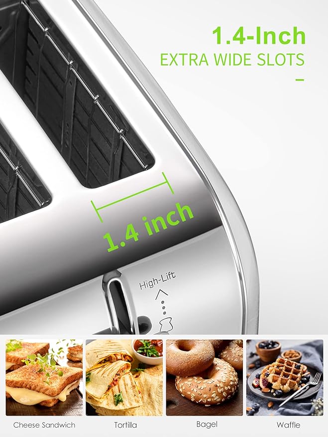 Yabano 4 Slice Stainless Steel Toaster with Extra Wide Slots | 7 Shade Settings, High Lift Lever, Bagel And Muffin Function, Removable Crumb Tray, Warming Rack, Silver Finish