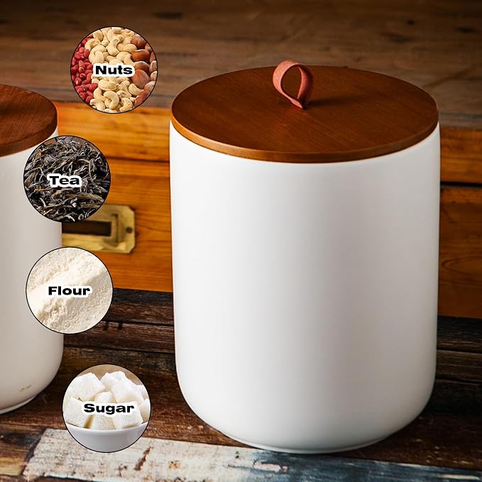 JOJUNO White Ceramic Food Storage Canister Set (30 oz, 48 oz, 82 oz) with Bamboo Lids, 3-Piece Airtight Jars for Flour, Sugar, Coffee, Tea, Oats, Spice – Kitchen Storage Containers with Lids