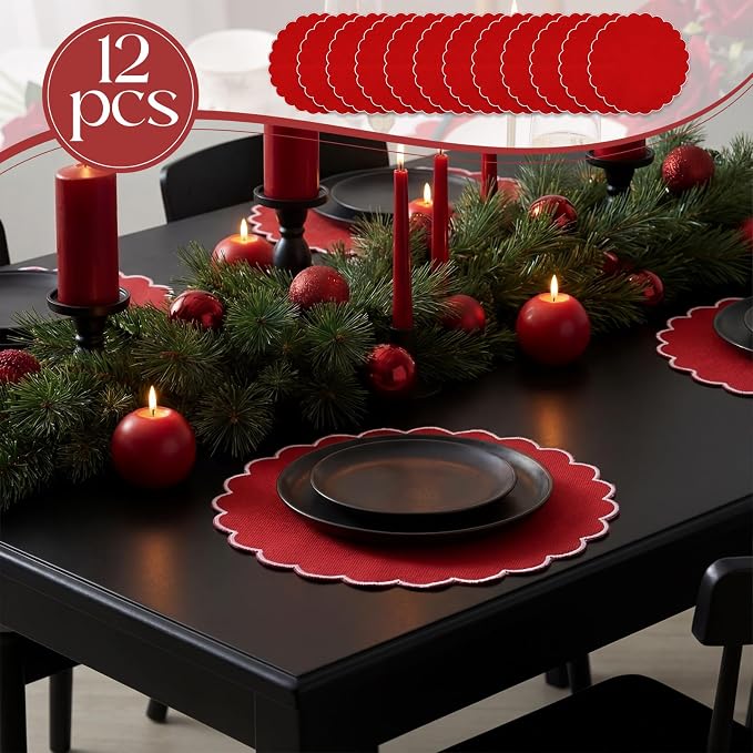 Set of 12 Red Cotton Placemats 15" Round Scalloped White | Double Layered Cotton Fabric, Washable Embroidery, White Edge Edge, Rustic Table Mats for Wedding Dining Table Decor