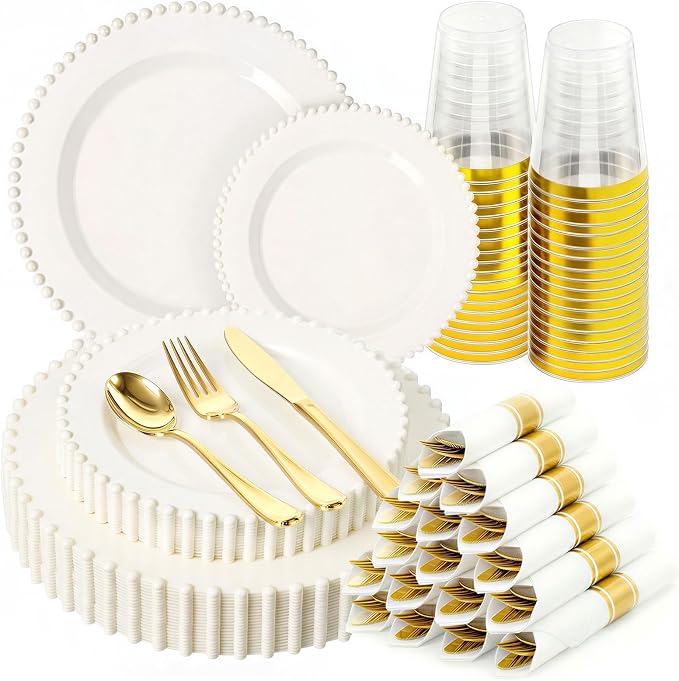 175pcs Plastic Dinnerware Set Ivory 25 Guests for Wedding | Fancy Beaded Plastic Plates Include 50 Elegant Plastic Plates,25 Cups and 25 Pre Rolled Napkins with Cutlery Set