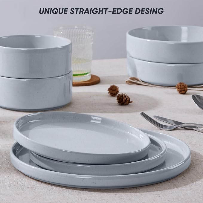E-far 16-Piece Stoneware Dinnerware Sets with Pasta Bowls, Speckled Gray | Plates and Bowls Sets for 4, Chip and Scratch Resistant, Microwave & Dishwasher Safe Kitchen Modern Dish Set