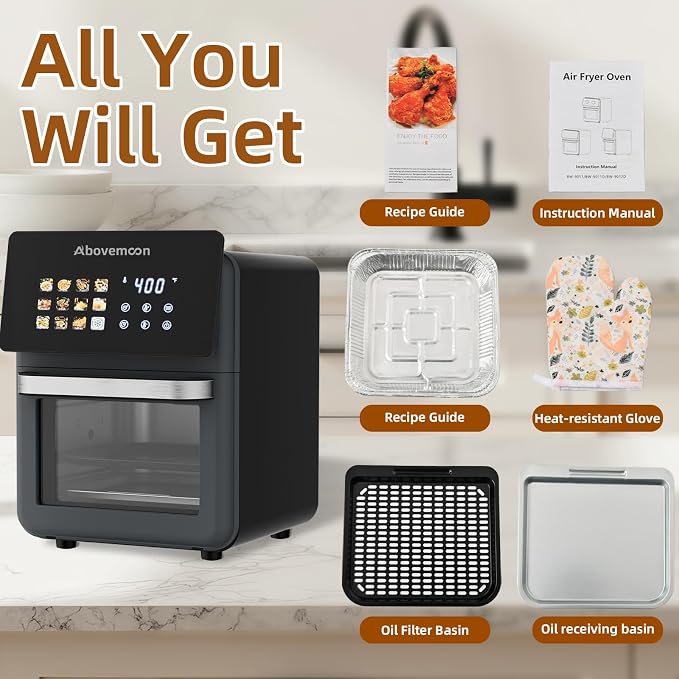 10 QT Black Air fryer Oven & Multifunctional Digital Rotisserie | Removable,Easy to clean,Glass,Visible window Dehydrator,Convection Oven,Touch Screen Presets Fry,LED Display,Roast,Bake，400F