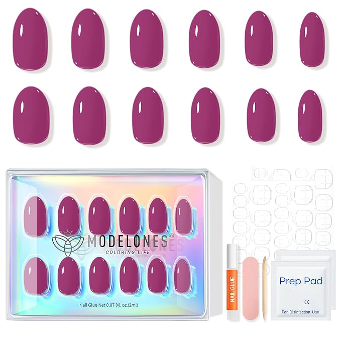 modelones Plum Short Press on Nails, Oval Fake Nails Kit Nails Press Ons | with Nail Glue, Adhesive Tabs, Nail File, Prep Pad, Manicure Stick, 32Pcs 16 Sizes, Summer Women Girl Gift