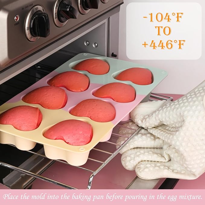 2 Pack 2.7″ Heart Cake Molds, 8 Cavity Silicone Baking Molds for Cake, Muffin, Egg Bites, Cupcake, Bread, Mousse (Green,Yellow,Pink)