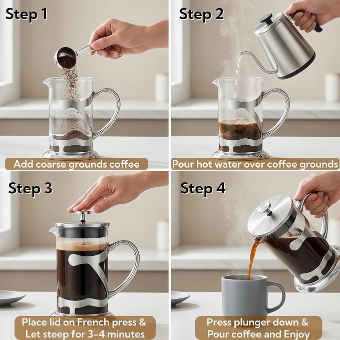 Stainless Steel French Press Coffee Maker 1L, 34oz Heat Resistant Borosilicate Glass Coffee Press with Coffee Measuring Spoon, Manual Brewer for Coffee and Tea