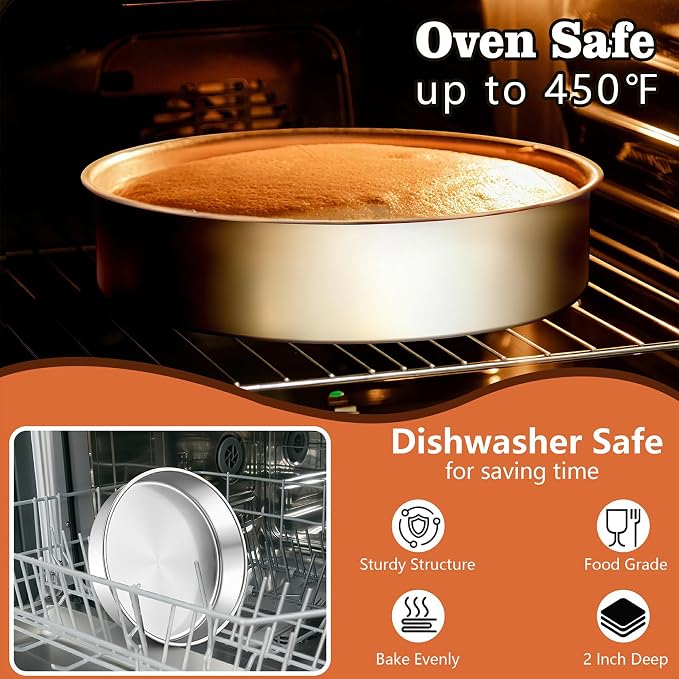 LIANYU 9 Inch Round Cake Pan Set of 2, Stainless Steel Layer Pan for Baking | Metal Round Baking Tin Pan Mold, Deep Bakeware for Wedding Birthday Cake, Mirror Polished, Dishwasher Safe
