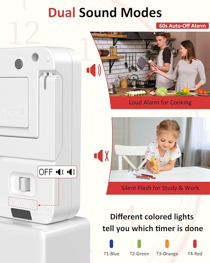 Digital Kitchen Timer with 4 Channel, Loud Alarm and Silent Mode | Magnetic Cooking Timer with Count Up & Countdown for Kids and Seniors, Large Display to Read, Auto Memory, Battery Included