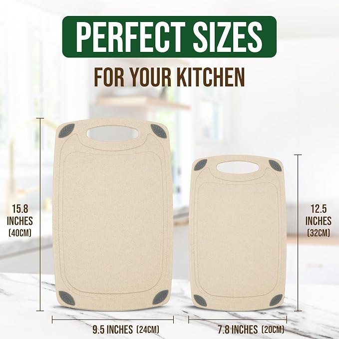 AXIOM CREATIONS 2-Piece Reversible Cutting Board Set Made with Natural Wheat Straw Fiber, Eco-Conscious Food Safe Kitchen Essentials, Gluten Free & BPA Free Chopping Boards for Kitchen