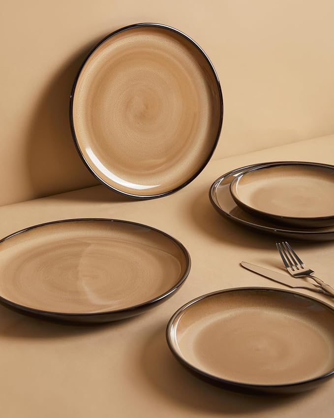 Santorini Mist Terracotta Reactive Glaze Plates and Bowls Sets, Stoneware Dinnerware Sets, Microwave and Dishwasher Safe Ceramic Dish Set Service for 4, Mocha Brown