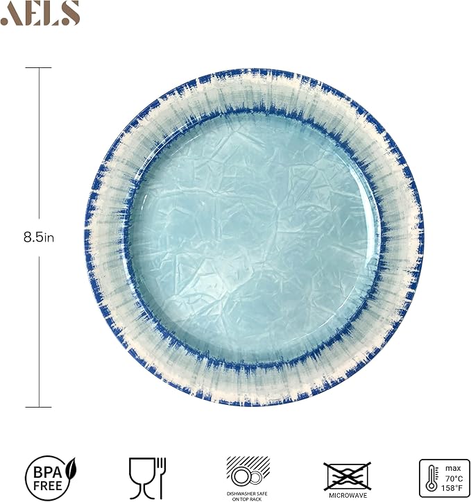 Melamine Dessert Plates Set of 6, 8.5 inch Small Dinner Plates for Indoor and Outdoor Use, Dishwasher Safe, Lightweight Unbreakable, BPA Free, Light Blue