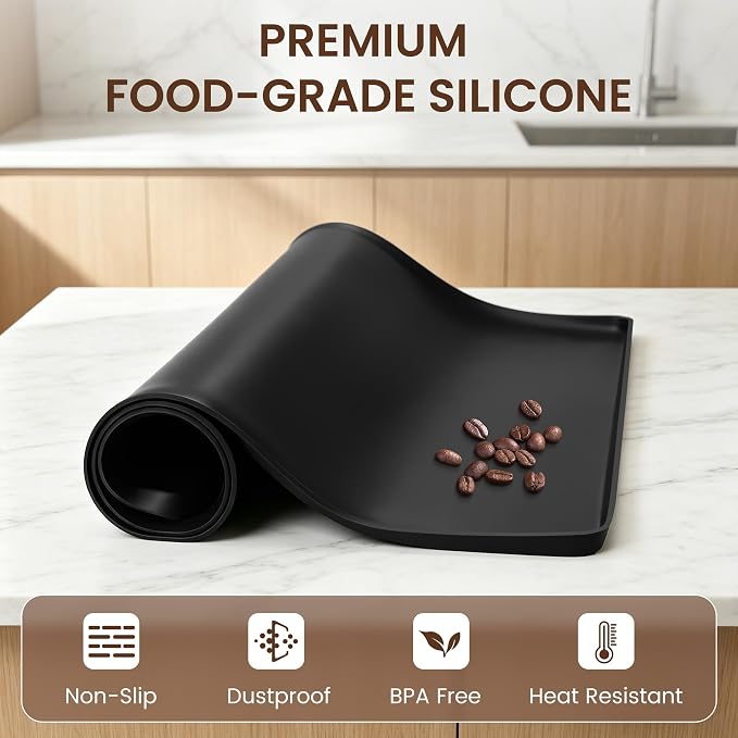 Silicone Coffee Mat, 24''x16'' Coffee Bar Mat for Countertop with Raised Edge, Non Slip Countertop Protector for Espresso Machine, Rolled Ship, Black